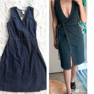 LOFT Dark Blue Denim Sleeveless V neck Wrap Midi Dress Size 8 NWT